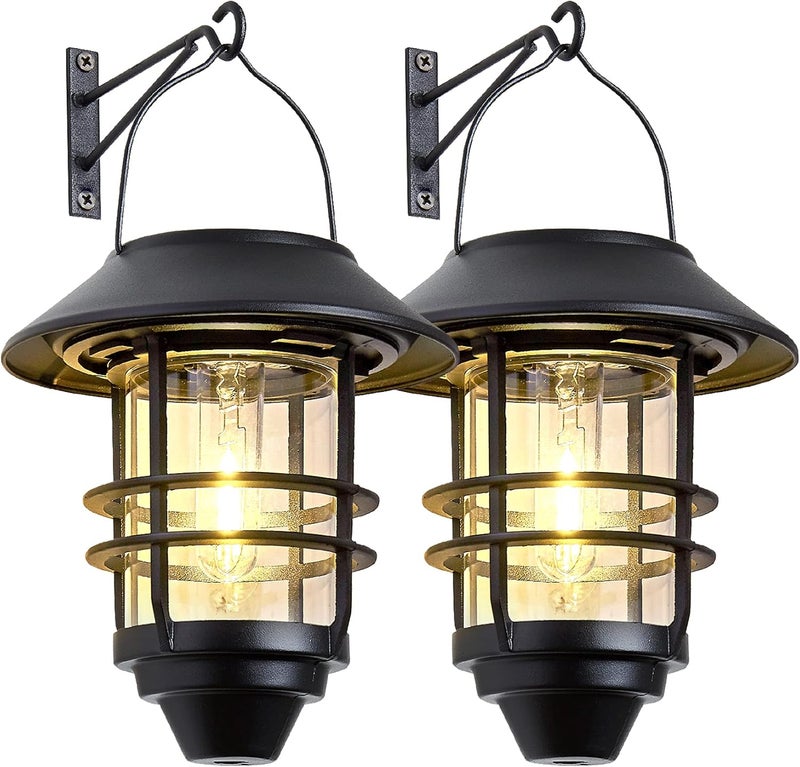 Derynome Solar Lantern Outdoor Lights, Hanging Waterproof Lantern Lights with Wall Mount Kit for Garden Porch Fence 2 Pack - Image 1